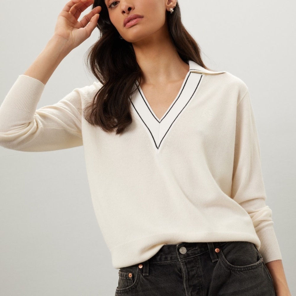 Sandro Cream V-Neck Sweater with Black Trim